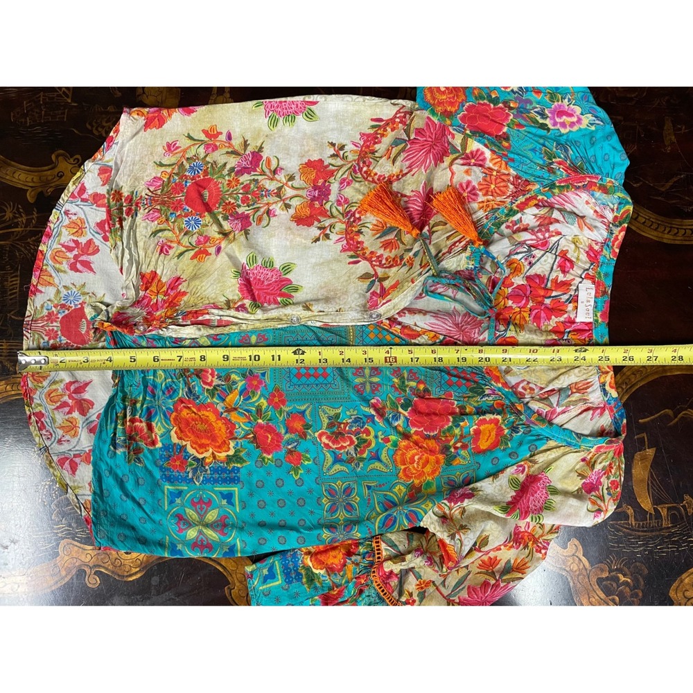Lula Soul Floral Patchwork Tassel Bell Sleeve Button Up Peasant Top Boho Chic S - Picture 8 of 14